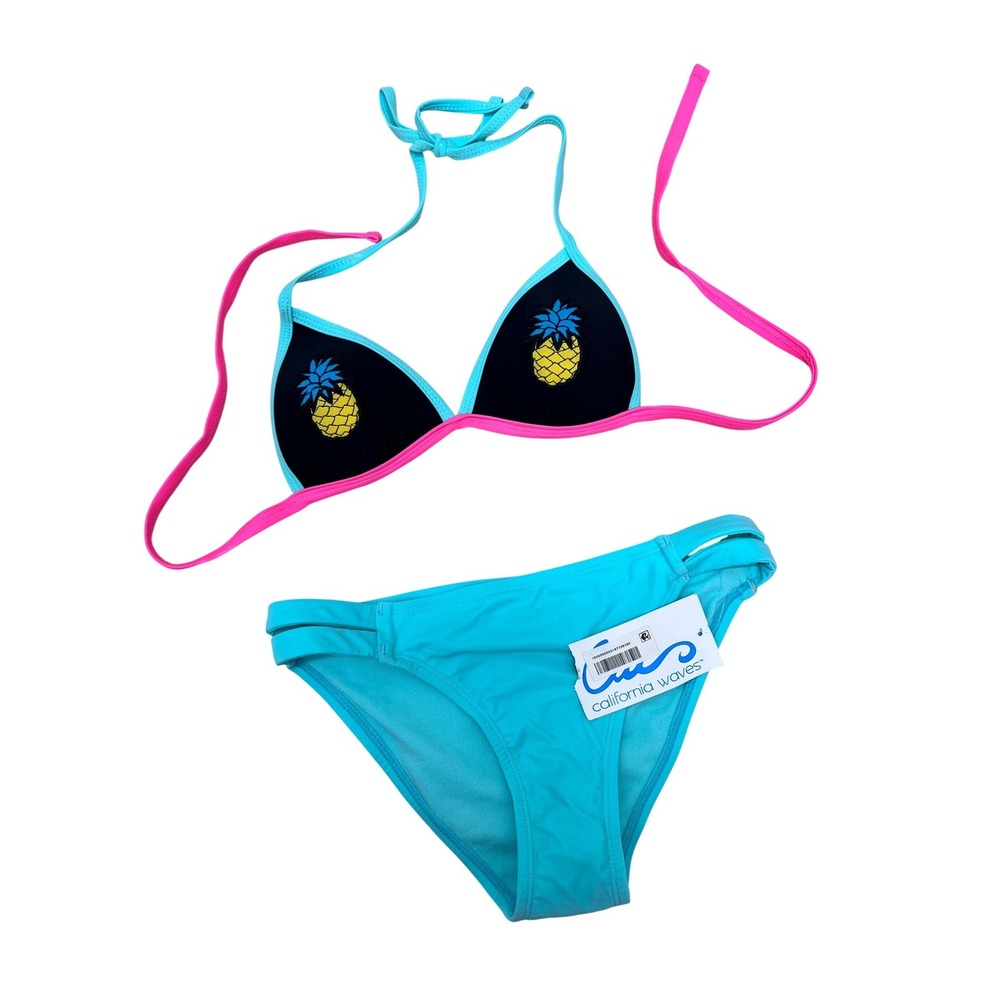 California Waves Bikini Swimsuit Women XS Aqua New Pineapple Triangle 2 Piece